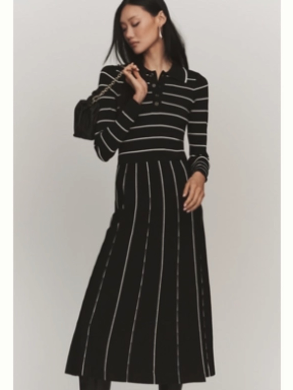 Siempre x Anthropologie Collared Long Sleeve A Line Dress Black and White